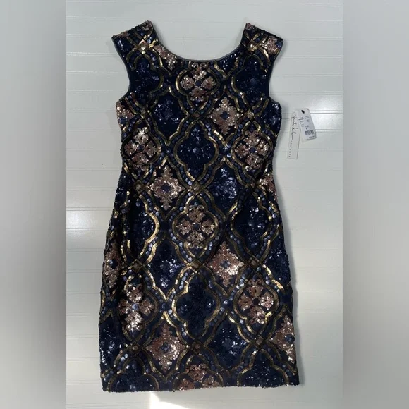 nicole miller blue and gold dress 80s Nicole Miller Blue Floral Batwing Sleeve Dress main image 0